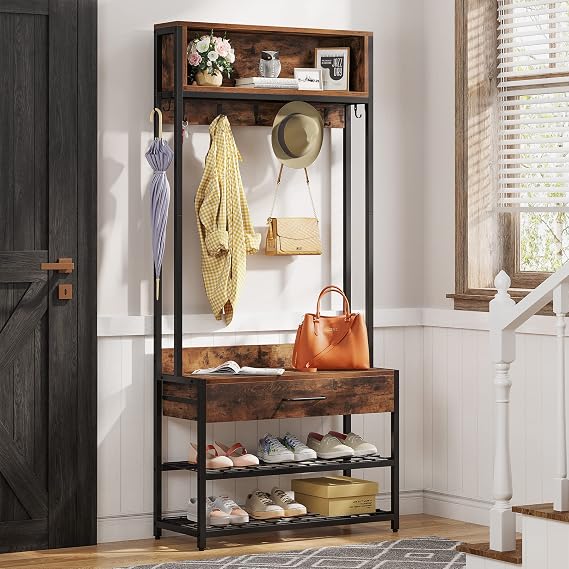 Tribesigns 3-in-1 Entryway Hall Tree with Shoe Bench and Hutch, Brown