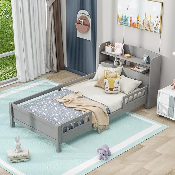 Twin Size Platform Bed with Built-in LED Light,Multi-Functional Wood Beds Frame,w/ 2 Storage Shelves Headboard and Guardrail,for Apartment,Bedroom,Living Room,Antique Grey