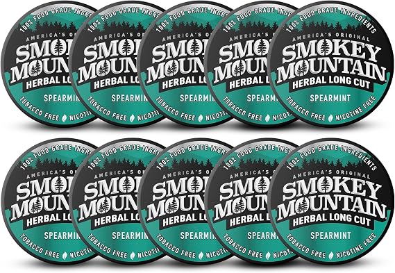 Smokey Mountain Herbal Long Cut Spearmint, 10 Can Box | Refreshing spearmint flavor in a tobacco-free, nicotine-free herbal long cut with 10 cans for lasting enjoyment.