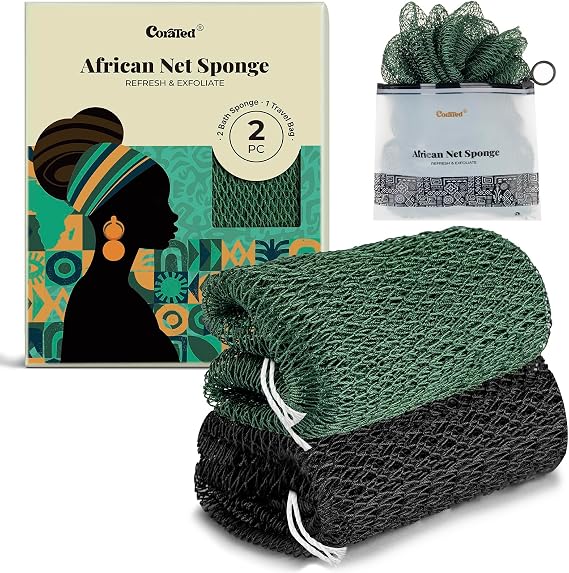 CORATED 2Pcs African Net Sponge Authentic,Exfoliating Mesh Net,Black & DarkGreen | Body Scrubber for Women and Men Daily Use Body Care, Travel Portable Bath Accessories Spa Gifts
