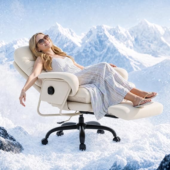 FLEXISPOT Multi-Task Ergonomic Office Chair with Footrest Indoor Lounge Computer Chair with 90-165 4-Level Reclining, Chairs for Working Relaxing, Leather with Instant Cool Touch Coating, Beige