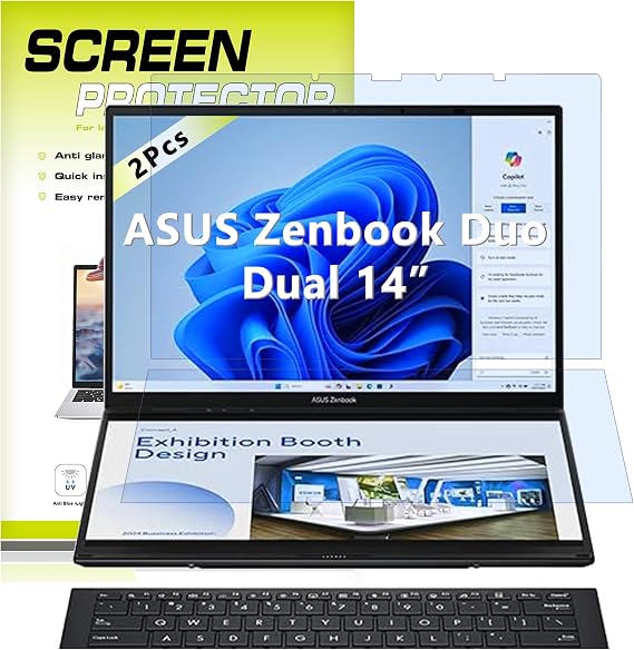ブルーライト防止スクリーンプロテクター 2枚パック 2024-2025 ASUS Zenbook Duo Dual 14インチ 2-in-1 ノートパソコン UX8406 用 ウルトラクリア 硬度9H 1セット - プライマリおよびセカンダリスクリーン