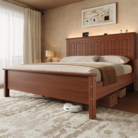 King Size Bed Frame with Tall Headboard, Mid Century Modern Wood Platform Bed with Charging Ports and LED Lights, Solid Wood Slat Support, No Box Spring Needed, Easy Assembly, Warm Brown