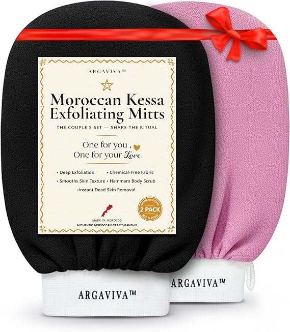 Moroccan Exfoliating Glove for Shower - Kessa Hammam Body Scrub Gloves, Exfoliating Mitt, Bath Mitt - Couple's Spa Set, 2 Pack His and Hers, Pink and Black