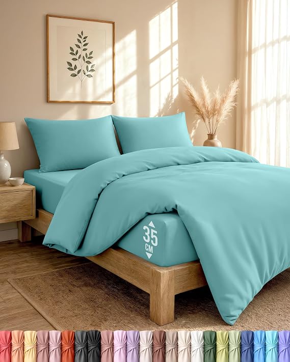 Utopia Bedding 4 Piece Double Bedding Set (Spa Blue) | Duvet Cover, Fitted Sheet with 2 Pillow cases 50x75 – OekoTex Certified Soft Brushed Microfiber