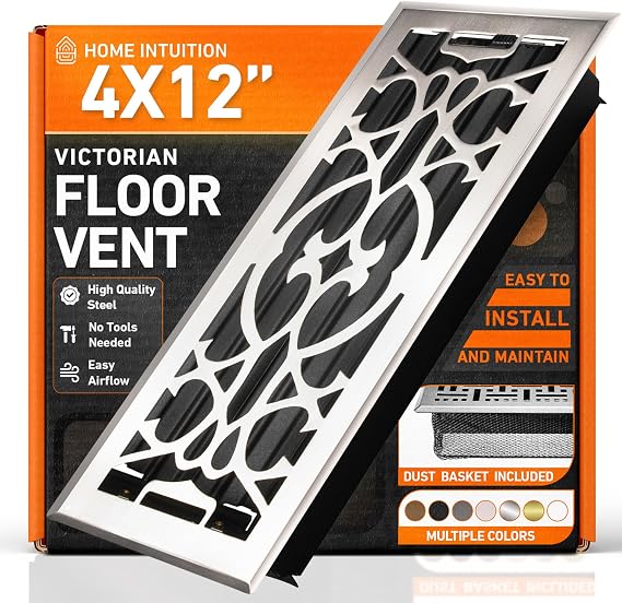 4X12 Floor Vent Covers Floor Register with Mesh Cover Trap, Heat and Air, Walkable Metal Floor Vent for HVAC Duct, Victorian, Satin Nickel