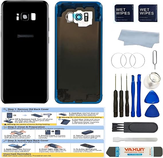 Back Glass Replacement for Samsung Galaxy S8Plus 6.2inches Back Cover with Lens Frame Pre-Installed Tape +Tools (Black, S8 Plus)