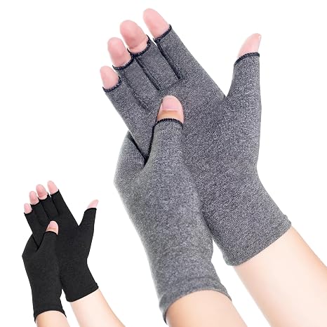 Compression Arthritis Gloves, 2 Pairs Hand Support Glove for Pain, Fingerless Compression Gloves for Women & Men, Isotoner Compression Gloves (Black and Grey, Medium)