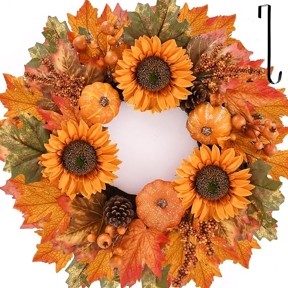 20 Inch Fall Wreaths for Front Door, Autumn Wreath with Hanger | Pumpkins, Sunflowers, Pine Cones, Berries. Thanksgiving Harvest Front Door Wreath Decor, Farmhouse Outdoor Halloween Indoor