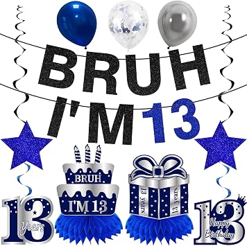 Kuxriox 11Pcs 13th Birthday Decorations for Boys Men, Blue Sliver Happy 13th Birthday Banner, Bruh I'm 13 Balloons Centerpieces Swirls Party Supplies, Thirteen Bday Banner Ceiling Table Topper Sign