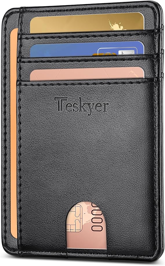 Teskyer Men Card Holder Wallet, Slim Credit Card Wallets, Minimalist, RFID Blocking, 1 ID Window, Holds up to 8 Cards, Black