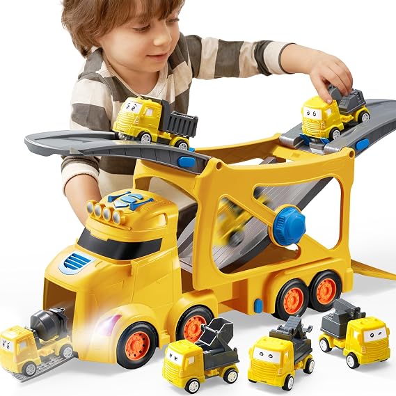 Vroomix 3-Layer Extra Large Construction Transport Truck Toys for Boy Girls Age 3 4 5, 7-in-1 Carrier Truck with Directional Speed Tracks, Siren & Lights, 6 Cars, Birthday Gifts for 3 4 5+ Years Old