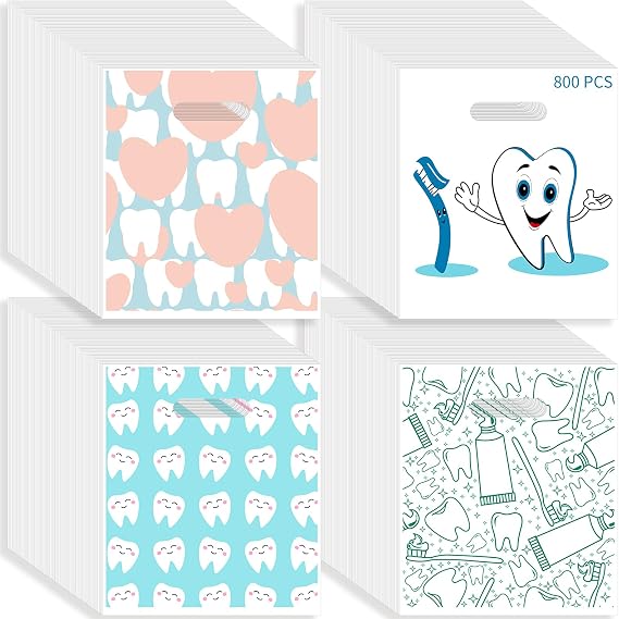800 Pcs Dental Bags, Tooth Patient Care Dental Bags, 9 x 8 Inches dental goodie bags, for Dental Clinics, Schools and Patient use (Style 10)