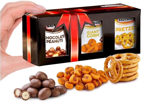Salysol 3 Pack Mini Can Gift Snack Variety – Salted Pretzel 25g, BBQ Giant Corn 30g, Chocolate Peanuts 50g – Gift Box Snack Set for Men and Women