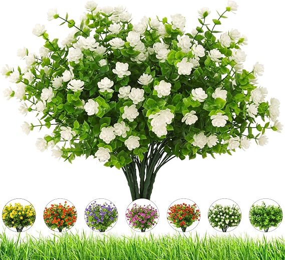 Artificial Flowers Outdoor,8 Bundles UV Resistant Outdoor Fake Flowers,Outside Plastic Faux Flowers Greenery Shrubs Plants for Indoor Outside Planter Home Porch Decor(White)