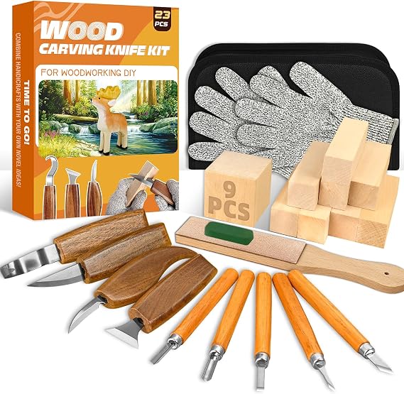 Wood Carving Kit, 23pcs Wood Carving Tools with 4 Wood Carving Knives 5 Detail Knives 9 Blocks, Whittling Kit DIY Hobbies for Adults