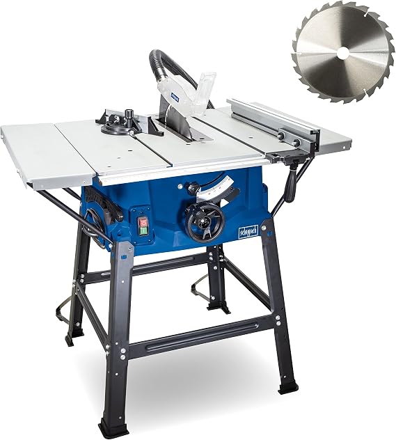 Scheppach HS100S bench type circular saw, 230 V, 2000 W, cutting height 85 mm, saw blade diameter 250 mm, including table expansions and subframe, expanded table size 642 x 940 mm, table