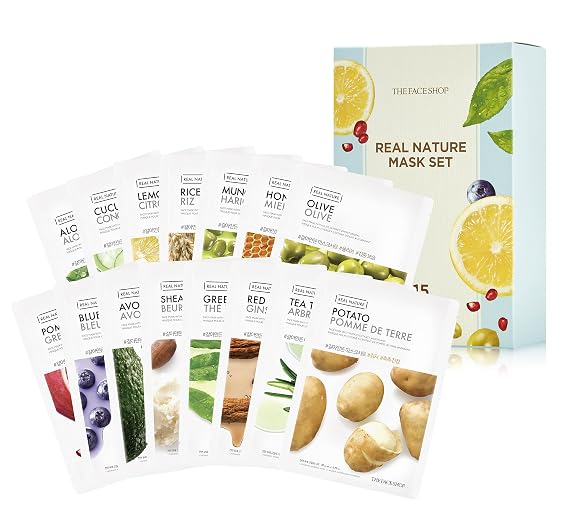 THE FACE SHOP Real Nature Face Mask 15 Pieces Variety Bundle | Naturally Derived,Mild Formula without Additives & High Adhesiveness | K Beauty Facial Sheet | Blueberry,Green Tea,Rice,Cucumber,etc
