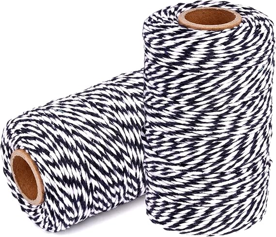 Cotton Twine String Bakers Rope: 2 Roll Twines for Crafts Gift Wrapping - 656 Feet Black White Twine for Kitchen Cooking