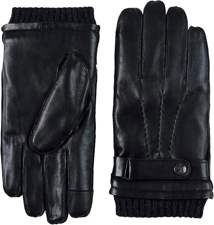 Brooks Brothers Leather Fleece-Lined Touch Screen Compatible Gloves with Strap & Wool Cuff - Men's Luxury Winter Glove Pair