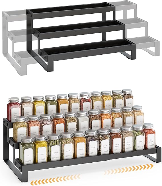 Expandable-Spice-Rack-Organizer-For-Cabinet, Tiered Spice Organization | 3 Tier Seasoning Organizer Rack For Cabinet Pantry Countertop, Adjustable Metal Kitchen Spice Shelf Spice Holder For Cupboard