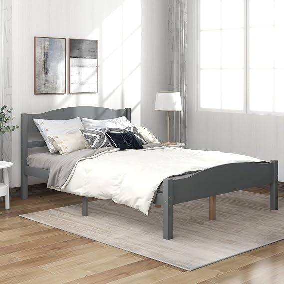 Modern Wood Platform Bed Frame with Horizontal Strip Hollow Shape Headboard, Footboard, Center Support Feet for Bedroom (Gray, Full)