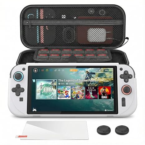 Switch 2 Carrying Case Bundle - 4-in-1 Accessories Kit with Hard Shell Travel Case, Grip Cover, 2-Pack Screen Protectors & Thumb Caps - Protective Switch 2 Case