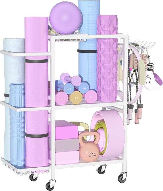 Home Gym Storage Rack, 3 Tier Yoga Mat Storage Rack with Wheel for Yoga Lover, Exercise Equipment and Workout Equipment Organizer, Yoga Mat Holder for Yoga Mats, Foam Roller and Dumbbells