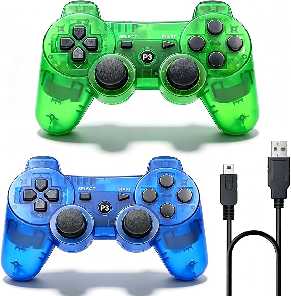 ＲＵＥＩＵＲＩ P-S3 Controller 2 Pack PS-3 Wireless controller Pla ystation 3 Controller Wireless Bluetooth Gamepad with USB Charger Cable for PS-3 ((Blue+Green))