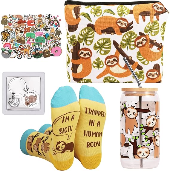 Birthday Gifts Set for Women, Funny Sloth Gifts for Girls, Slothes Gift for Women Unique Stuff for Friends/Teacher/Girlfriend with Glass Cup Socks Makeup Bag Keychain