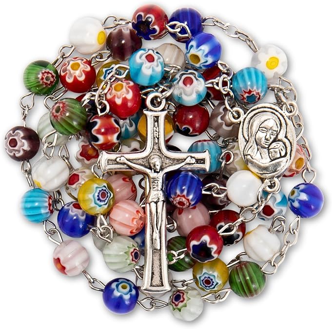 Nazareth Store Murano Glass Rosary Necklace Handmade Multicolor Millefiori Beads Rosario Holy Soil Medal and Cross Crucifix