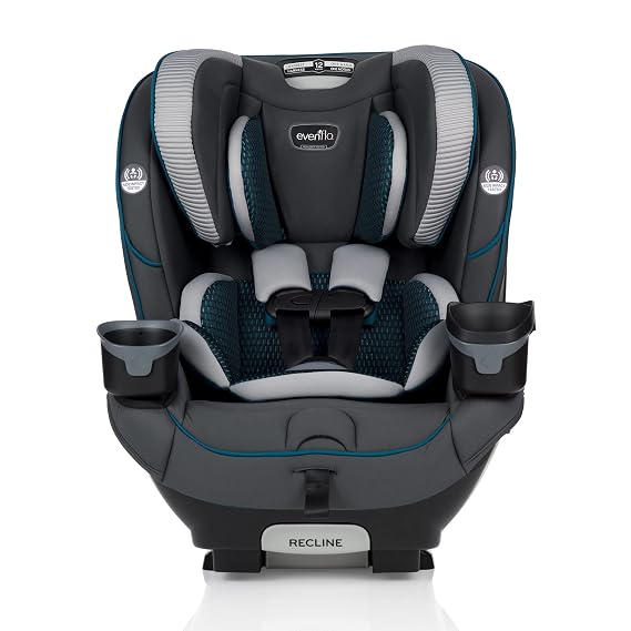 Evenflo EveryFit 4-in-1 Convertible Car Seat Featuring 12-Position Headrest, Two Integrated Cup Holders, Removable Snack Tray, and Machine-Washable Fabric (Swayer Gray)