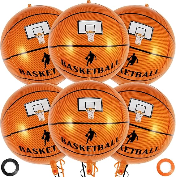 6 Pcs 4D Basketball Balloons, 22 Inch Foil Mylar Basketball Balloon Large Round Sphere Balloons for Basketballs Sports Themed Birthday Party Decorations Supplies