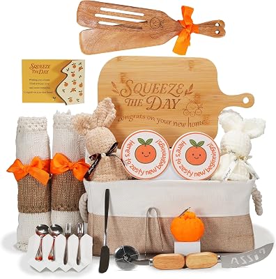 Orange-Themed House Warming Gifts New Home, 20PCS Housewarming Gifts Basket for New House With Storage Basket & Cutting Board, New Home Gift Ideas and Closing gifts for home Buyers