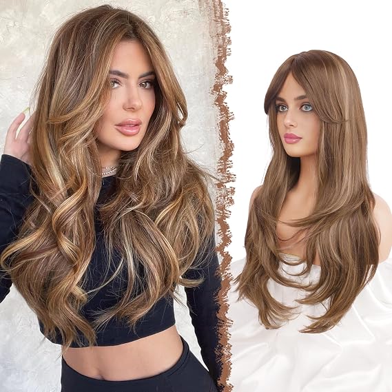 FESHFEN Brown Blonde Wigs for Women, Long Layered Wigs with Curtain Bangs Natural Looking Synthetic Hair Wig for Daily Use Party, 26 inch Blonde Mixed Brown