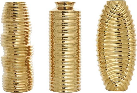 Deco 79 Ceramic Decorative Vase Dimensional Ribbed Centerpiece Vases with Varying Shapes, Set of 3 Flower Vases for Home Decoration 4" W, 11" H, Gold