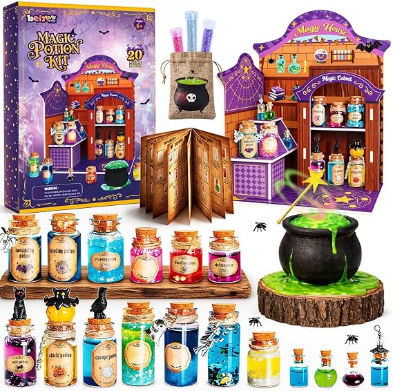 BEIREG Magic Potion Kit for Kids, DIY 20 Bottle Fairy Potion with Mystery House Display, Cauldron, Wand, Stickers, Bottles Arts and Craft Gifts for Kids Aged 6 7 8-12 Girls Boys