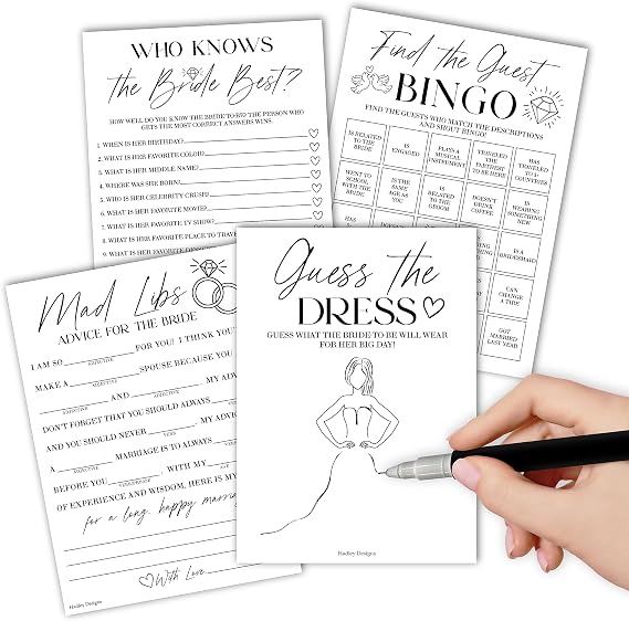 Hadley Designs Minimalist Bridal Shower Games for 20 Guest Fun & Classy Wedding Engagement Party Something Blue Before I Do Bridal Shower Games Set