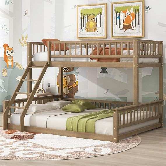 Merax Twin XL Over Queen Bunk Bed with Ladder for Teens, Bunk Beds Twin XL Over Queen for Kids Boys Girls, Wood Bunk Bed with Guardrails for Bedroom Apartment, No Box Spring Needed, Walnut