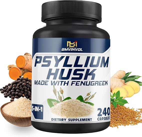 BMVINVOL Psyllium Husk Capsules Fiber Supplement with Fenugreek, Turmeric, Ginger, Black Pepper - 240 Count for 4 Month Supply