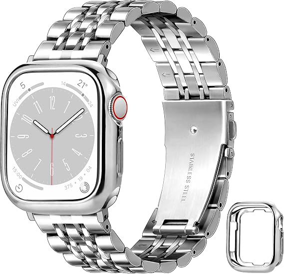 Metal Straps with Protective Case Compatible with Apple Watch Straps Men 44mm 46mm 45mm 41mm 40mm 38mm, Stainless Steel iWatch Strap for Apple Watch Strap Series 9 8 7 6 5 4 3 2 1 SE