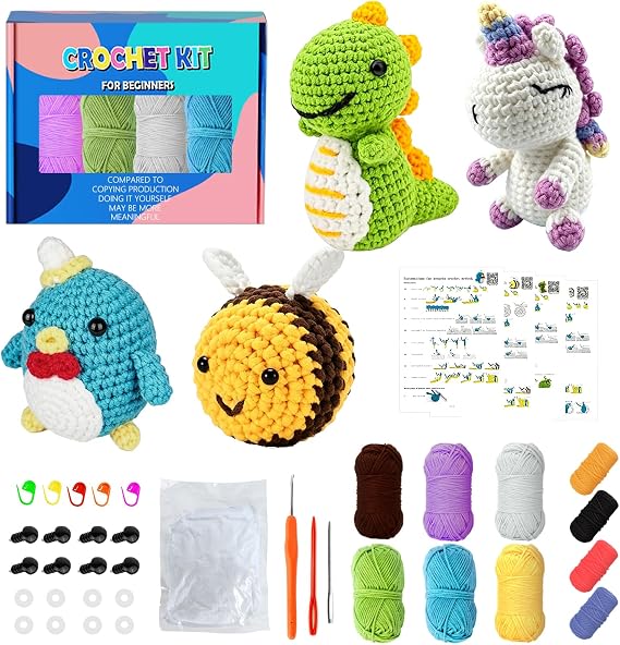 Crochet Kit for Beginners - 4 Animal Kits with Video Tutorial, Starter Kit, Birthday Gifts for Adults and Kids