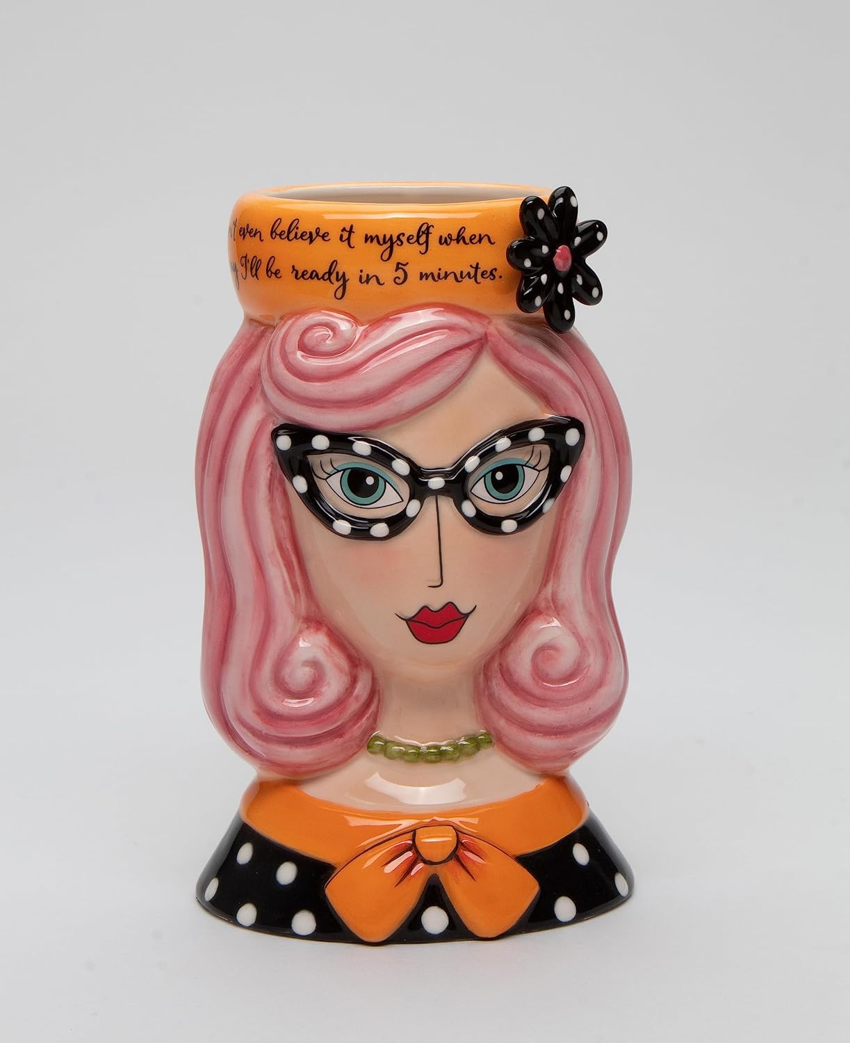 Fine Ceramic Dollymama Pink Hair Lady Makeup Brushes Holder Vase, 5-58 H