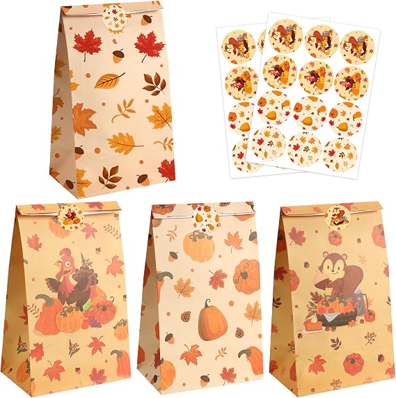 Fall Thanksgiving Treat Bags with Stickers, 24Pcs Fall Goodie Bags Autumn Maple Leaf Pumpkin Turkey Candy Cookies Goody Snacks Gift Paper Bag for Thanksgivings Party Favors Supplies Decorations