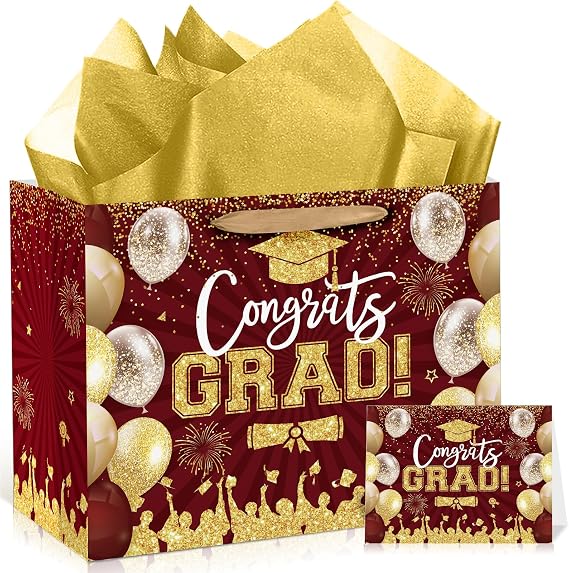 Maroon Gold Graduation Gift Bag with Tissue Paper and Cards Maroon Gold Congrats Grad Gift Wrapping Paper Bag Class of 2026 Large Graduation Gift Party Favors Bag for College High School Graduates