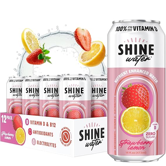 Shine Water Strawberry Lemon Vitamin D Electrolyte Drinks 12-Pack, Sugar Free Flavored Water with Magnesium, Zinc & Antioxidants, Low Calorie Hydration Beverage, Plant-Based Vitamin Water Zero Sugar
