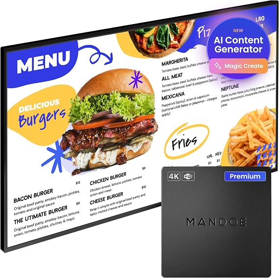 Mandoe Premium Digital Signage Displays - Digital Signage Player for Menu Board and Message Board. World-Class Templates & Easy Setup