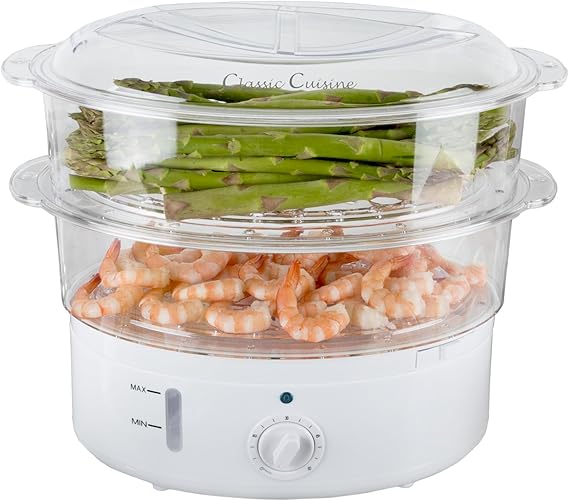 Classic Cuisine 2-Tier Vegetable Steamer and Rice Cooker, 120V 60Hz 800W | 6.3 Quart Electric Steamer for Cooking Healthy Fish, Eggs, Vegetables, Rice, and Baby Food