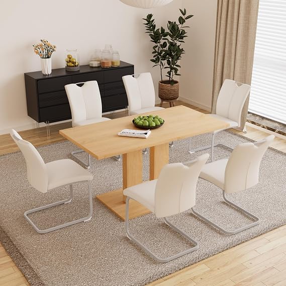 HIPIHOM Modern 58'' Kitchen Dining Table and Chairs, 7 Piece Rectangular Dining Table Set for Home, Kitchen, Living Room, Dining Room (Dining Table + 6 White Chairs)