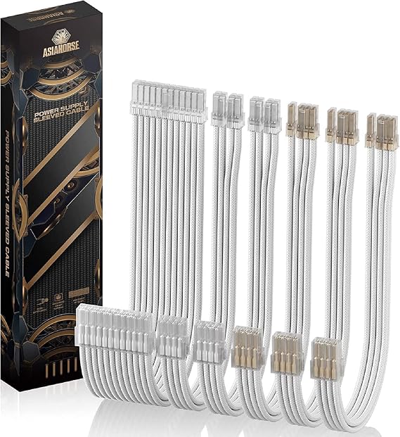 AsiaHorse Upgrade 16AWG PSU Cable Extension, PC Cable Kit for GPU/CPU, Power Cord Extensions with Cable Combs, 24PIN/(6+2) Pin/(4+4) Pin, 30CM, White Pearl